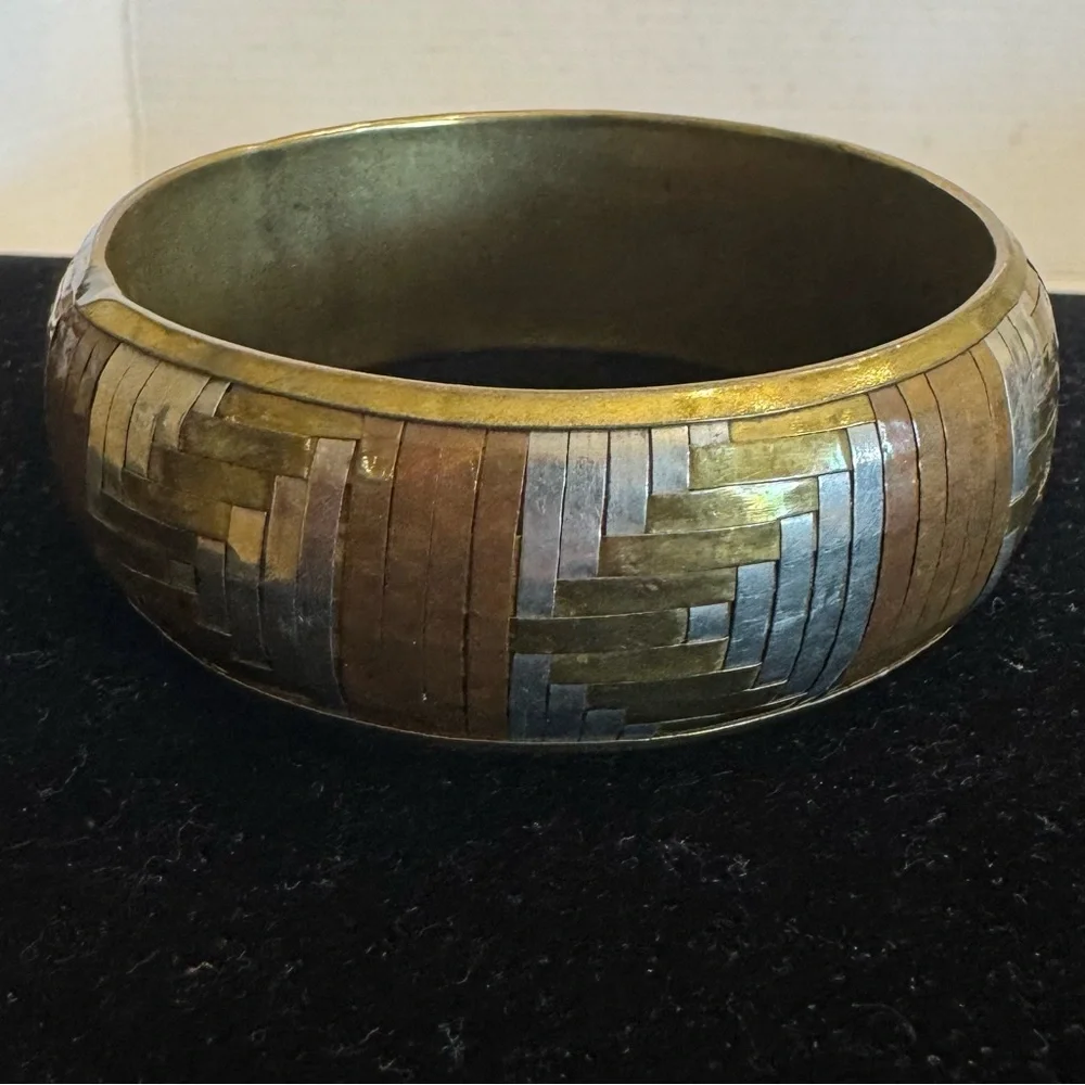 Vintage Metal Bangle Bracelet Tri-Color Woven Copper Bronze Silver Artsy Jewelry